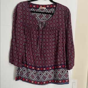 Red and Blue Smocked Blouse with Tie Front